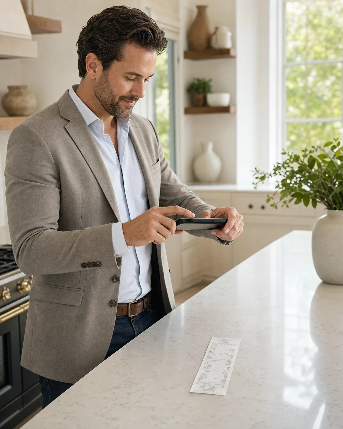 A real-estate agent photographing a paper receipt with his phone at a kitchen island